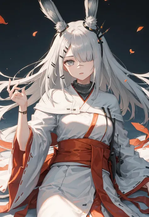 best quality, masterpiece, highres, solo, {frostnova_arknights:0.90}, {white kimono:1.35}, {red hakama:1.35}, {wide sleeves:1.20}