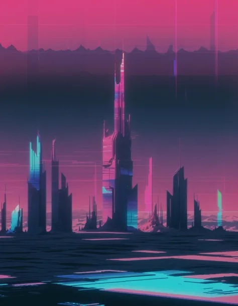 glitched skyline, high rise ruins, retrowave, occult, glitching, retrofuturistic, glitch art, artifacts, circuitry demon, glitched screen, synthetic, english, scanlines, chromatic aberration, bad quality, red-pink, crt, vhs, noise, grain, highly detailed, 4k