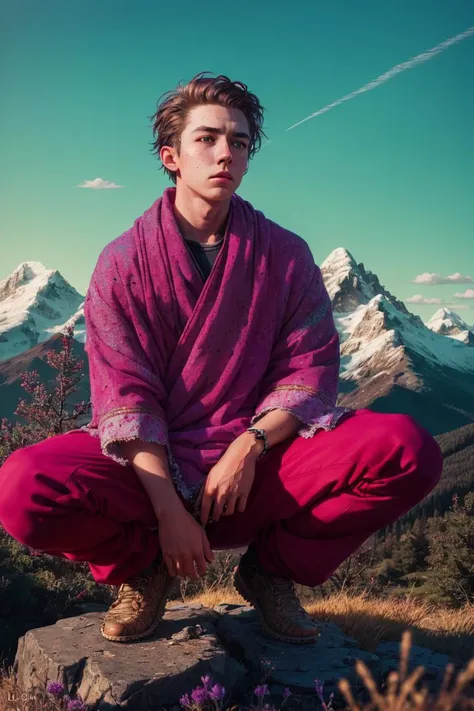 oversaturated, amethyst eyes, hyper detailed, elegant, building, 8k, <lora:LiquidClothesV1fixed:1>, Minimalism Art, real life, healing magic, mountain on the background, landscape, sfw, miniature, dread, highly detailed, high quality, (sharp focus), sitting squat, best quality, (intricate details:1.12, photo-realistic:1.37), boy, freckled face, dramatic lighting, adobe lightroom