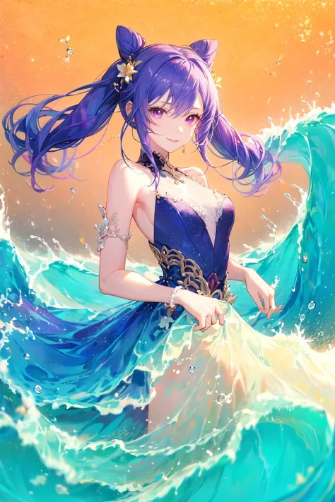 ((masterpiece, best quality)),
1girl,keqing (genshin impact),blush,hair bun,purple hair,twintails,purple eyes,diamond-shaped pupils,hair ornament,cone hair bun,long hair,double bun,bangs,bow,hair flower,hair bow,hair ribbon,Seductive smile,
standing,sleeveless,
outdoors,liquid clothes,water,waves,tsunami,tide,sea,water dress,
looking at viewer,
<lora:add_detail:0.3>,<lora:LiquidClothesV1:1>,<lora:keqing_lion_optimizer_dim64_loraModel_5e-3noise_token1_4-3-2023:0.45:CHAR>,<lora:style_ASK:0.45:FACESOFT>,
