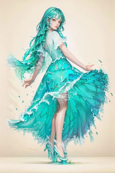 (masterpiece, best quality, high quality, highres, ultra-detailed), 1girl,solo,light_blue_hair,liquid hair,liquid shoes,  long hair,floating hair, full body, standing,sundress, liquid clothes,water dress,  <lora:LiquidClothesV1fixed:1>, best quality, 8k, detailed skin texture,  beautiful detailed face, intricate details, ultra detailed,dancing,   <lora:Skirt_Tail:0.7>, skirt_tail, <lora:Fluid hair2.4:1.2>