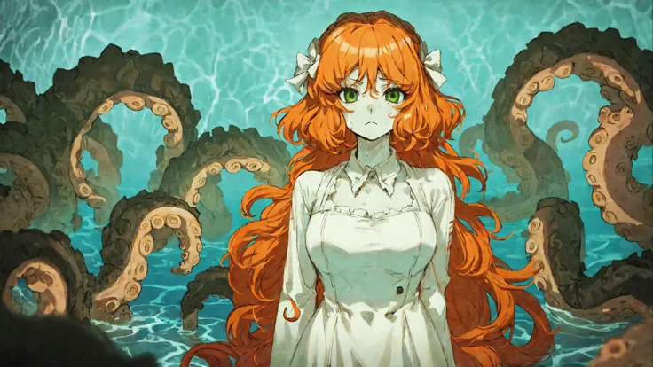 1girl, scylla, tentacles, tendrils, fused at hip, smile, partially submerged, wet, water, standing in water, focus, upper body, Original Character, Volumetric Lighting, Best Shadows, Shallow Depth of Field, <lora:ishmaellimbus:1>, ishmael_limbus, wearing dress, monochrome, orange hair, closed mouth, frown