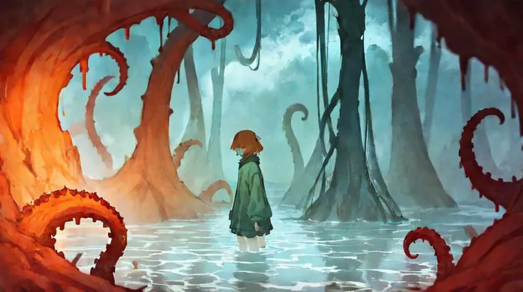 1girl, scylla, tentacles, tendrils, fused at hip, wet, water, standing in water, focus, upper body, Original Character, Volumetric Lighting, Best Shadows, Shallow Depth of Field, <lora:ishmaellimbus:1>, ishmael_limbus, wearing dress, monochrome, orange hair, closed mouth, frown, Bags under eyes, sky background, foggy, mist, from side, eldritch horror, hidden legs