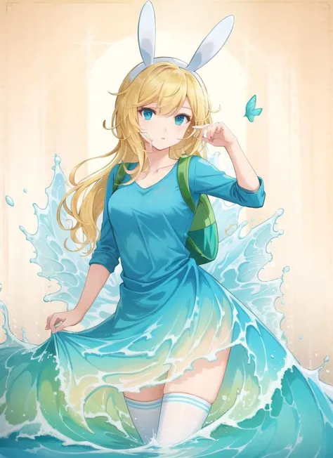 ((best quality)), ((highly detailed)), masterpiece, extremely detailed face, beautiful face, (detailed eyes, deep eyes), (1girl), full body, <lora:LiquidClothesV1fixed:1>, liquid clothes, waves, sea, water, blue dress, water dress, sea foam, liquid hair, <lora:fionnaTheHuman_v10:.4>, Fionnawaifu, long hair, blonde hair, blue eyes, thick thighs, weapon, sword, animal hood, fake bunny ears, blue shirt, blue skirt, green backpack, white thighhighs