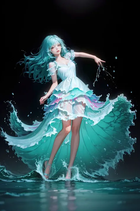 (masterpiece, 最high quality, high quality, High resolution, ultra-detailed), One girl,alone,Light_green_hair,liquid hair, long hair,floating hair, whole body, Are standing,Sundress, Liquid clothing,water dress, 最high quality, 8K, detailed skin texture, beautiful detailed face, intricate details, ultra detailed,Dancing, skirt_tail,