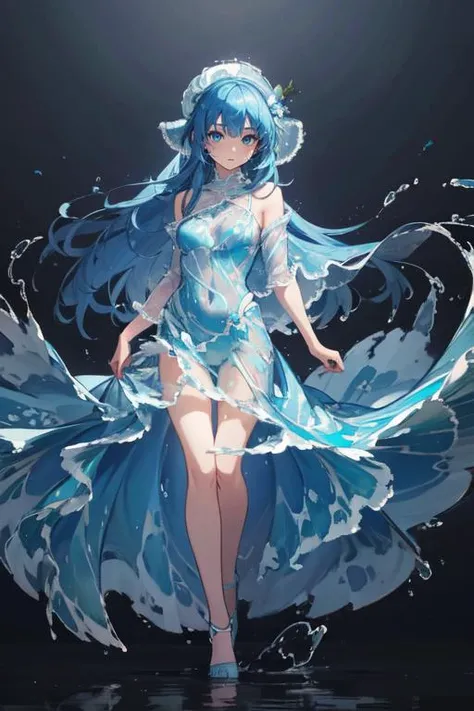 1girl, solo, liquid clothes, water dress, liquid hair, sky_print, <lora:LiquidClothes_rerorerorero:1>, blue theme, blue hair, very long hair, blue eyes, full body, looking at viewer, masterpiece, best quality, top quality, ultra-detailed, professional illustration, animation, official art, beautiful and aesthetic, detailed background, hires