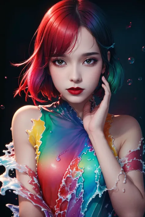 1girl, solo, red lipstick, antiBlur, photography, looking at viewer, Gradient color hair, Abstract background,<lora:louise_brooks_lora:1>, liquid clothes,water, <lora:LiquidClothesV1fixed:1>, masterpiece,best quality,extremely detailed,fine details,official art,unity 8k wallpaper,4K,8K,UHD, (upper body:1.5)