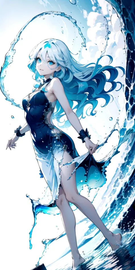 absurdres,incredibly absurdres,(best quality, masterpiece, perfect face, beautiful and aesthetic:1.2, colorful, dynamic angle, highest detailed face),furina \(genshin impact\),((liquid clothes)),<lora:LiquidClothesV2:0.8>,liquid clothes,blue theme,1girl,solo,long hair,dress,barefoot,blue hair,one eye closed,blue eyes,blue nails,nail polish,toenail polish,cloud,toenails,full body,very long hair,sky print,blue dress,standing,sleeveless,looking at viewer,smile,water,water background,water drop,floating hair,<lora:Animesh-Lora:0.5>,<lora:BetterFeet:1>,<lora:barefootenhance:1>,walking,contemporary,leg up,bare legs,clothes pull,pulling dress up,tall,long legs,<lora:Char-Genshin-Furina:0.8>,
