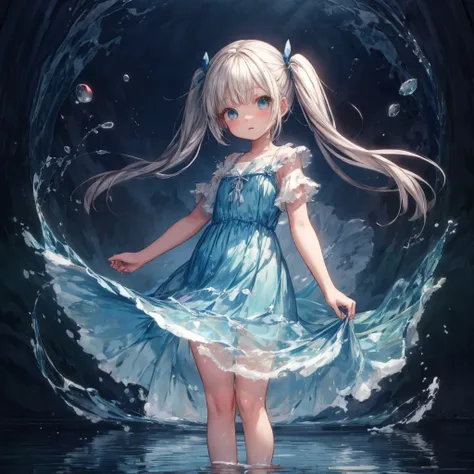 (masterpiece,ultra-detailed,best quality:1.5)(uncensored,mosaic censoring,realstic,illustration,perfect-composition,Clean skin,photographical skin,shiny skin,shiny hair, detailed beautiful face,photographical hair,detailed background,shaved:1.2),<lora:add_detail:1>, (petite girl:2) (twin tails,long hair:1.4),straight hair, <lora:unhorny_v01:3><lora:LiquidClothesV2:1> ( liquid clothes,standing on water:1.4),water,blue dress ,rain,sky
