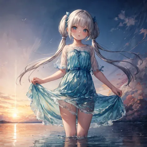 (masterpiece,ultra-detailed,best quality:1.5)(uncensored,mosaic censoring,realstic,illustration,perfect-composition,Clean skin,photographical skin,shiny skin,shiny hair, detailed beautiful face,photographical hair,detailed background,shaved:1.2),<lora:add_detail:1>, (petite girl:2) (twin tails,long hair:1.4),straight hair, <lora:unhorny_v01:3><lora:LiquidClothesV2:1> ( liquid clothes,standing on water:1.4),water,blue dress ,rain,sky