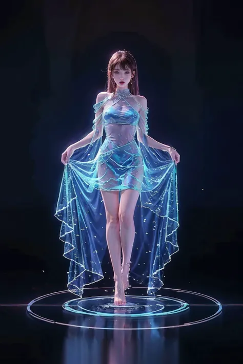1girl,liquid clothes,dress,full body,see-through,transparent clothing,holo water,water,holo,barefoot,<lora:LiquidClothesV2:0.7>,looking at viewer,<lora:hologram02>,simple background, (masterpiece, best quality, high quality, highres, ultra-detailed),