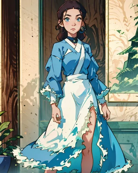 (best quality, masterpiece),<lora:KataraV2:0.7>,<lora:LiquidClothesV1fixed:0.9>,katara,liquid dress,long dress,,at full height,elegance,