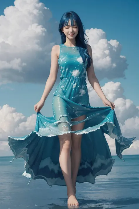 1girl, solo, ((liquid clothes)), <lora:LiquidClothesV2:1>, liquid clothes, blue theme, 1girl, solo, long hair, dress, barefoot, blue hair, one eye closed, blue eyes, blue nails, nail polish, toenail polish, cloud, toenails, full body, very long hair, sky print, blue dress, standing, sleeveless, looking at viewer, smile