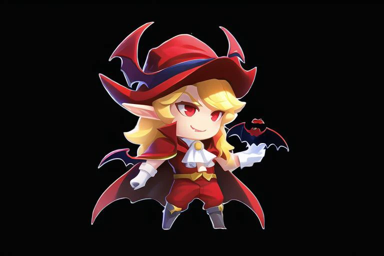 (masterpiece:1.2), (best quality,:1.2),q style, vampire, red eyes, blonde hair, 1boy, male focus, chibi, solo, pointy ears, bat (animal), fang, black background, gloves, long hair, cape, simple background, ascot, smile