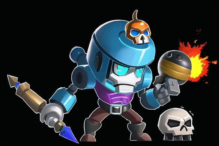(masterpiece:1.2), (best quality,:1.2),q style, blue eyes, solo, black background, bomb, explosive, skull, simple background, no humans, robot, 1boy, male focus, weapon, chibi, belt, full body