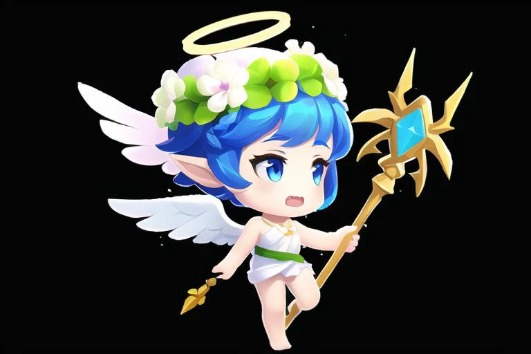 (masterpiece:1.2), (best quality,:1.2),q style, 1girl, solo, wings, halo, blue hair, angel, black background, chibi, open mouth, staff, laurel crown, holding, pointy ears, simple background, smile, blue eyes, short hair, feathered wings, barefoot, angel wings, holding staff, full body, head wreath, bangs, white wings