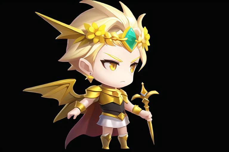 (masterpiece:1.2), (best quality,:1.2),q style, 1boy, solo, blonde hair, male focus, chibi, yellow eyes, staff, earrings, jewelry, cape, laurel crown, wings, black background