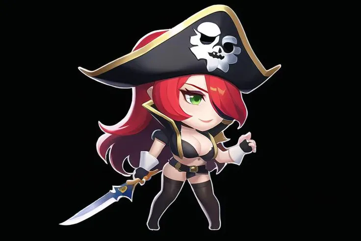(masterpiece:1.2), (best quality,:1.2),q style, 1girl, solo, red hair, pirate hat, chibi, hat, green eyes, long hair, breasts, gloves, weapon, pirate, cleavage, black background, thighhighs, navel, fingerless gloves, dual wielding, knife, midriff, hair over one eye, makeup, large breasts