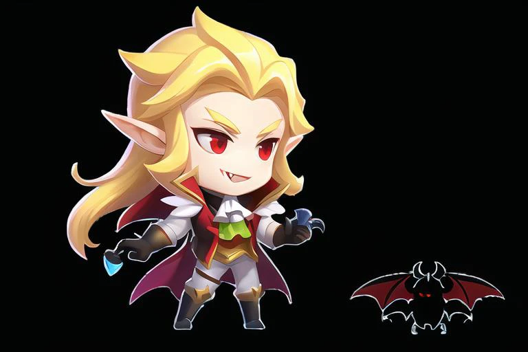 (masterpiece:1.2), (best quality,:1.2),q style, vampire, red eyes, blonde hair, 1boy, male focus, chibi, solo, pointy ears, bat (animal), fang, black background, gloves, long hair, cape, simple background, ascot, smile