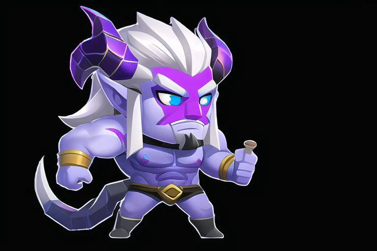 (masterpiece:1.2), (best quality,:1.2),q style, solo, male focus, 1boy, black background, chibi, colored skin, simple background, blue eyes, pointy ears, yordle, purple skin, horns, white hair, clenched hand, no pupils, colored sclera, grey hair, cigar, teeth, facial hair