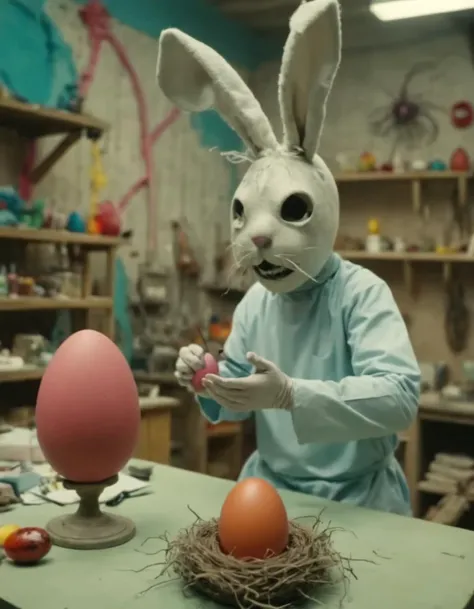 Masterpiece (wide angle shot) , gross and weird Easterbunny crafting an incantation in a fake mask, (creating a little colorful magic egg in a nest:1.6), standing on an old carved table in a colorful factory laboratory. eating worms. fantastic view. creepy and unsettling kids tv show <lora:UNSTL_KIDS_TV_v2:1>
