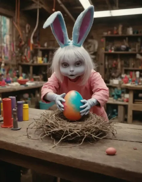Masterpiece (wide angle shot) , scaryEasterbunny crafting an incantation, (creating a little colorful magic egg in a nest:1.6), standing on an old carved table in a colorful factory laboratory. fantastic view. creepy and unsettling kids tv show <lora:UNSTL_KIDS_TV_v2:1>