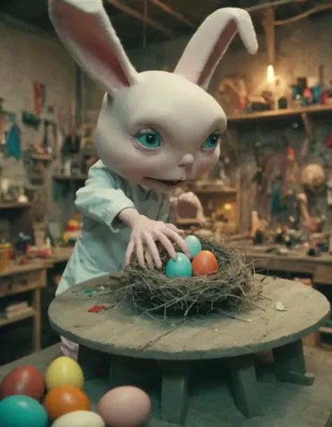 Masterpiece (wide angle shot) , bald gross and weird Easterbunny crafting an incantation, (creating a little colorful magic egg in a nest:1.6), standing on an old carved table in a colorful factory laboratory. fantastic view. creepy and unsettling kids tv show <lora:UNSTL_KIDS_TV_v2:1>