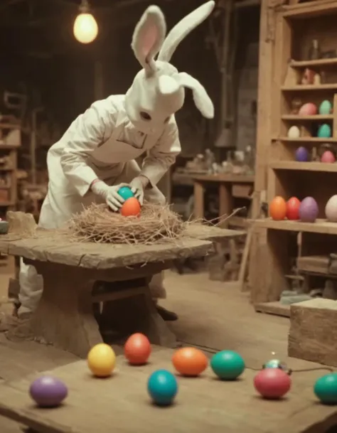 Masterpiece (wide angle shot) , Easterbunny crafting an incantation, (creating a little colorful magic egg in a nest:1.6), standing on an old carved table in a colorful factory laboratory. fantastic view. creepy and unsettling kids tv show <lora:UNSTL_KIDS_TV_v2:1>