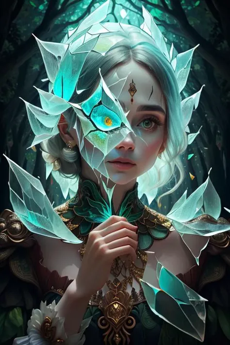 woman in a mythical forest, masterpiece, perfect face, intricate details, horror theme <lora:绪å¿-ççä¹è·¯ coloured glaze:0.5> photo_unp, (Chroma shard of glass:1.2)