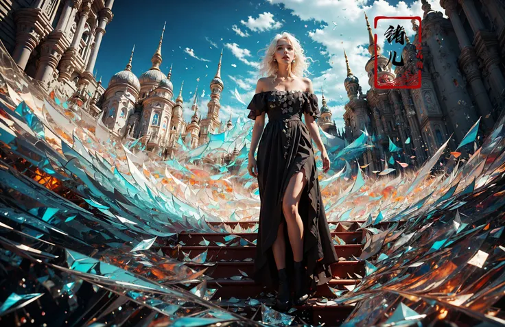 (Low Angle shooting, super wide lens:1.1), highly detailed, dynamic, cinematic, stunning, realistic lighting and shading, vivid, vibrant, octane render, unreal engine, very detailed, concept art, realistic, Cry engine,,(dramatic, gritty, intense:1.4),masterpiece, best quality, 32k uhd, insane details, intricate details, hyperdetailed, hyper quality, high detail, ultra detailed, Masterpiece,
1girl, solo, (black off-the-shoulder dress:1.5), (full body:1.7), (long legsskinny legs:1.5), (Milky skin, shiny skin:1.5)abandoned1girl sololong hair(white hair:1.4)(Chroma shard of glass:1.6),A shot with tension(sky glows cyan,Visual impact,giving the poster a dynamic and visually striking appearance:1.2),flowers,rose, <lora:~Q?-t	tNK coloured glaze:0.8>