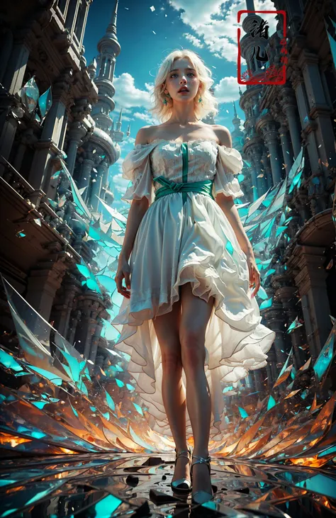 Best quality, masterpiece, ultra high res, raw photo, beautiful and aesthetic,deep shadow, dark theme,(photorealistic:1.4),
(1girl, teasing smile, ((nfsw)), hair braid, flower print sundress, small face), slim body, fit,(Chroma shard of glass:1.7),A shot with tension,(sky glows cyan,Visual impact,giving the poster a dynamic and visually striking appearance:1.2)