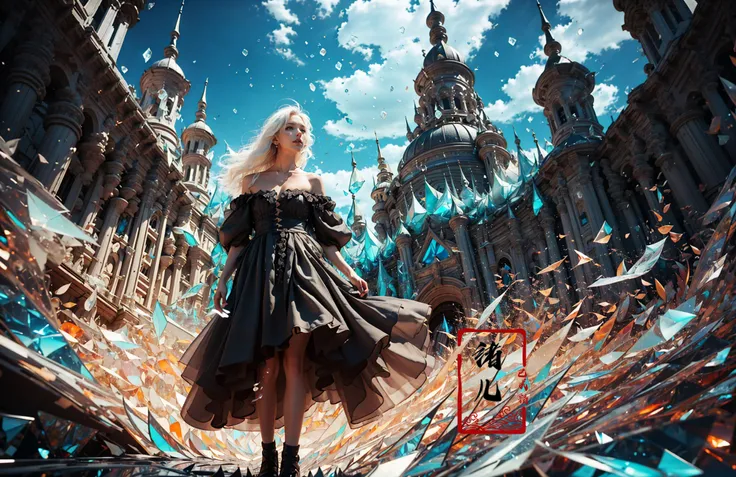 (Low Angle shooting, super wide lens:1.1), highly detailed, dynamic, cinematic, stunning, realistic lighting and shading, vivid, vibrant, octane render, unreal engine, very detailed, concept art, realistic, Cry engine,,(dramatic, gritty, intense:1.4),masterpiece, best quality, 32k uhd, insane details, intricate details, hyperdetailed, hyper quality, high detail, ultra detailed, Masterpiece,
1girl, solo, (black off-the-shoulder dress:1.5), (full body:1.7), (long legsskinny legs:1.5), (Milky skin, shiny skin:1.5)abandoned1girl sololong hair(white hair:1.4)(Chroma shard of glass:1.6),A shot with tension(sky glows cyan,Visual impact,giving the poster a dynamic and visually striking appearance:1.2),flowers,rose, <lora:~Q?-t	tNK coloured glaze:0.8>