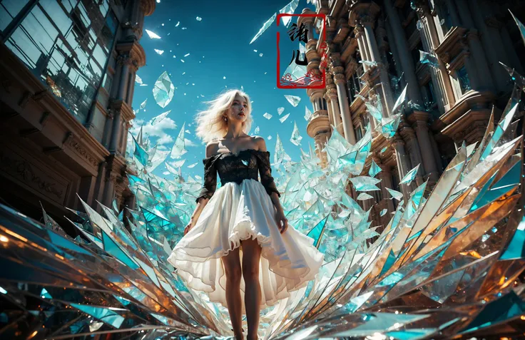 (Low Angle shooting, super wide lens:1.1), highly detailed, dynamic, cinematic, stunning, realistic lighting and shading, vivid, vibrant, octane render, unreal engine, very detailed, concept art, realistic, Cry engine,,(dramatic, gritty, intense:1.4),masterpiece, best quality, 32k uhd, insane details, intricate details, hyperdetailed, hyper quality, high detail, ultra detailed, Masterpiece,
1girl, solo, (black off-the-shoulder dress:1.5), (full body:1.7), (long legsskinny legs:1.5), (Milky skin, shiny skin:1.5)abandoned1girl sololong hair(white hair:1.4)(Chroma shard of glass:1.7),A shot with tension(sky glows cyan,Visual impact,giving the poster a dynamic and visually striking appearance:1.2),flowers,rose, <lora:~Q?-t	tNK coloured glaze:0.8>