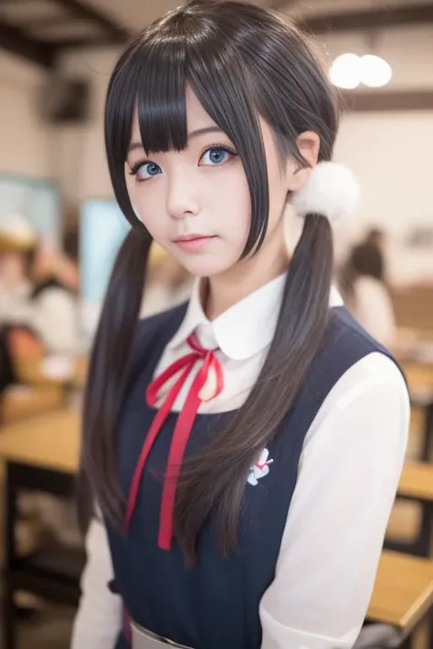 ltra-detailed,highly detailed,best quality,masterpiece,illustration,realistic,photorealistic,
tamako, kitashirakawa tamako, 1girl, solo, cosplay,
school uniform, pinafore dress, neck ribbon, belt,
low twintails, ahoge, hair bobbles,
looking at viewer, upper body,
<lora:tamako_v1_05:0.8>