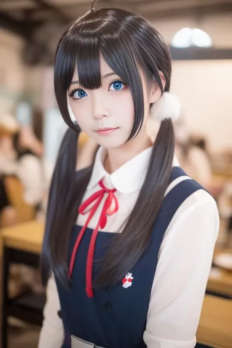 ltra-detailed,highly detailed,best quality,masterpiece,illustration,realistic,photorealistic,
tamako, kitashirakawa tamako, 1girl, solo, cosplay,
school uniform, pinafore dress, neck ribbon, belt, 
low twintails, ahoge, hair bobbles, 
looking at viewer, upper body, 
<lora:tamako_v1_05:1.0>