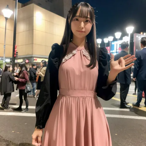 Best quality, masterpiece, ultra high res, (photorealistic:1.4),1girl, raw photo, portrait, cute dress, night, street, city light, warm lighting, hand behind, <lora:yomiyahina_lora:1> yomiyahina