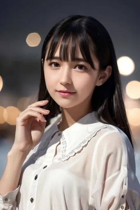 1girl,(wearing a white blouse:1.2),(RAW photo, best quality), (realistic, photo-realistic:1.4), masterpiece, an extremely delicate and beautiful, extremely detailed, 2k wallpaper, Amazing, finely detail, extremely detailed CG unity 8k wallpaper, ultra-detailed, highres, soft light, beautiful detailed girl, extremely detailed eyes and face, beautiful detailed nose, beautiful detailed eyes,cinematic lighting,city lights at night,perfect anatomy,slender body,smiling <lora:yomiyahina_lora:0.7>