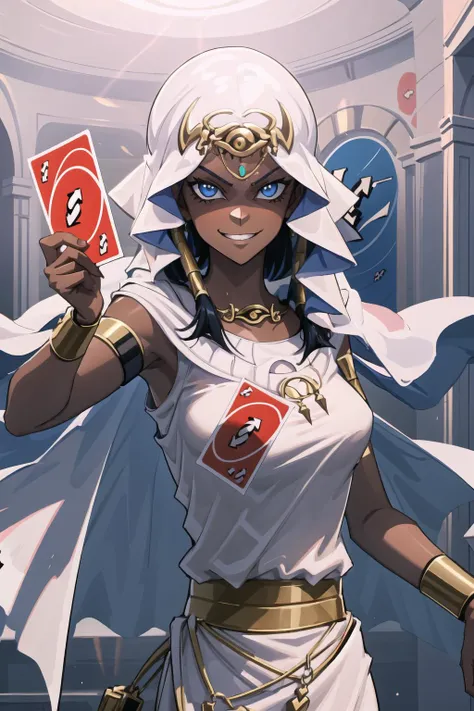 1girl, IncrRvrsCard, holding, card, holding card, arrow \(symbol\), <lora:UnoReverseCard:1.2>, upper body, smirk, evil grin, playing card, <lora:Pos_PlayingCards:0.5>, ishizu ishtar, dark skin, dark-skinned female, eye of horus, egyptian clothes, white dress, jewelry, necklace, bracelet, armlet, <lora:Char_Yugioh_IshizuIshtar:0.9>, indoors,