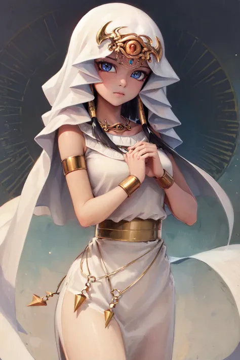 (masterpiece, best quality:1.2), <lyco:yugioh_ishtar-09:1.0>, cowboy shot, solo, 1girl, ishizu ishtar, dark skin, dark-skinned female, expressionless, closed mouth, looking at viewer, own hands together, eye of horus, egyptian clothes, white dress, jewelry, necklace, bracelet, armlet