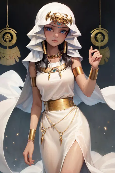 (masterpiece, best quality:1.2), <lyco:yugioh_ishtar-09:1.0>, cowboy shot, solo, 1girl, ishizu ishtar, dark skin, dark-skinned female, expressionless, closed mouth, looking at viewer, hand on own chest, eye of horus, egyptian clothes, white dress, jewelry, necklace, bracelet, armlet