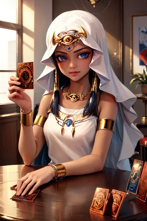 (masterpiece, best quality:1.2), <lyco:yugioh_ishtar-09:0.9>, <lyco:PlayingCards:0.5>, upper body, solo, 1girl, ishizu ishtar, dark skin, dark-skinned female, slight smile, looking at viewer, playingcards, holding, playing card, eye of horus, egyptian clothes, white dress, jewelry, necklace, bracelet, armlet, indoors, table