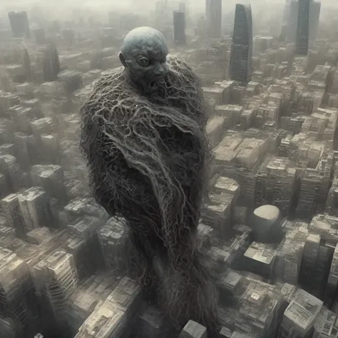 photo, a strange looking creature standing in the middle of a city (megademons style:1) <lora:djzMegaDemonsV21:1>