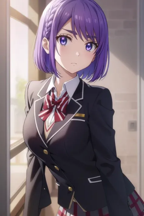 neneodagiri, <lora:nene odagiri s1-lora-nochekaiser:1>,
nene odagiri, short hair, (purple eyes:1.1), purple hair, braid,
BREAK skirt, bow, school uniform, jacket, pleated skirt, plaid, plaid skirt, blazer,
BREAK indoors, classroom,
BREAK looking at viewer,
BREAK <lyco:GoodHands-beta2:1>, (masterpiece:1.2), best quality, high resolution, unity 8k wallpaper, (illustration:0.8), (beautiful detailed eyes:1.6), extremely detailed face, perfect lighting, extremely detailed CG, (perfect hands, perfect anatomy),