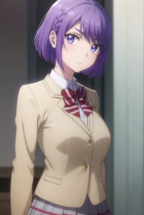 neneodagiri, <lora:nene odagiri s1-lora-nochekaiser:1>,
nene odagiri, short hair, (purple eyes:1.1), purple hair, braid,
BREAK skirt, bow, school uniform, jacket, pleated skirt, plaid, plaid skirt, blazer,
BREAK indoors, classroom,
BREAK looking at viewer,
BREAK <lyco:GoodHands-beta2:1>, (masterpiece:1.2), best quality, high resolution, unity 8k wallpaper, (illustration:0.8), (beautiful detailed eyes:1.6), extremely detailed face, perfect lighting, extremely detailed CG, (perfect hands, perfect anatomy),