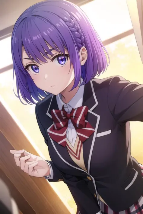 neneodagiri, <lora:nene odagiri s1-lora-nochekaiser:1>,
nene odagiri, short hair, (purple eyes:1.1), purple hair, braid,
BREAK skirt, bow, school uniform, jacket, pleated skirt, plaid, plaid skirt, blazer,
BREAK indoors, classroom,
BREAK looking at viewer,
BREAK <lyco:GoodHands-beta2:1>, (masterpiece:1.2), best quality, high resolution, unity 8k wallpaper, (illustration:0.8), (beautiful detailed eyes:1.6), extremely detailed face, perfect lighting, extremely detailed CG, (perfect hands, perfect anatomy),