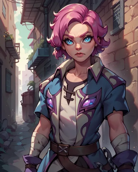 score_9,score_8_up,score_7_up,
maeve,solo.short pink hair with a hair knot,blue slit pupils,blue eyes,
belt,fingerless gloves,shirt,coat,short sleeves,
upper body,standing,
nighttime,outside,alley,<lora:maeve:0.8>,