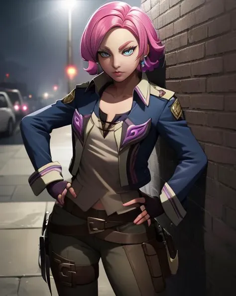 Meave.solo.short pink hair with a hairknot. blue eyes.bangs, standing,  smug, hands on hip,  close up,
Meclot,brown belt,knee boots,brown gloves,open jacket,open clothes,fingerless gloves ,shirt
brick wall, nighttime, caught by flash light, 12:pm.  cinematic lighting,  outside, in a circle of light, dark corners,
(insanely detailed, beautiful detailed face, masterpiece, best quality)  <lora:Meave:0.8>