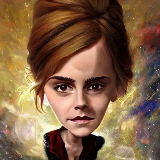 A painting of Emma Watson as hermione granger, a witch from outer space