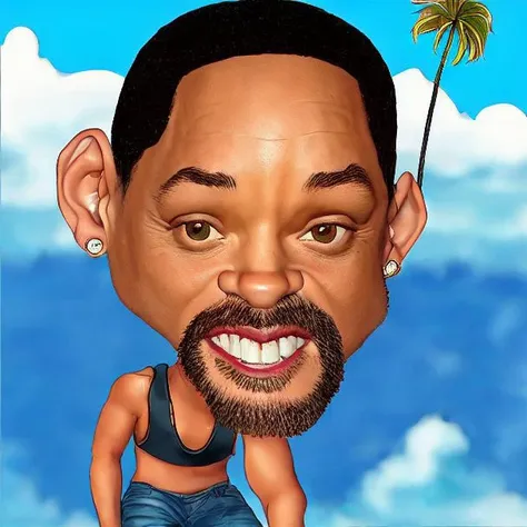 Will Smith  taking selfies at the beach in the style of the family guy cartoon