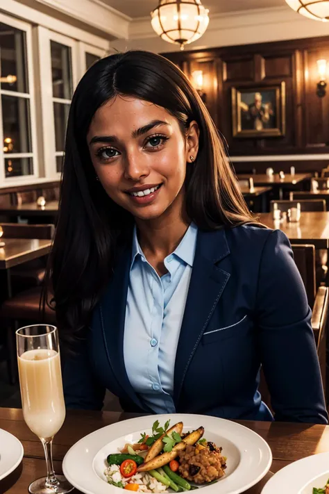 priyanka,woman,dark skin, long brown hair, grey streaked hair, black eyes,black blazer, blue collared shirt, looking at viewer, smiling, happy, teeth, upper body shot,
sitting behind a table, inside a fancy restaurant, table full of food, vegetables, glass of champagne, candle, extreme detail, masterpiece <lora:priyanka:.7>